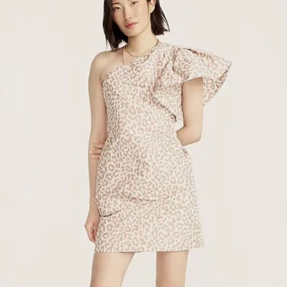 J.Crew One-shoulder ruffle dress in Italian ikat leopard 4 - Picture 1 of 4